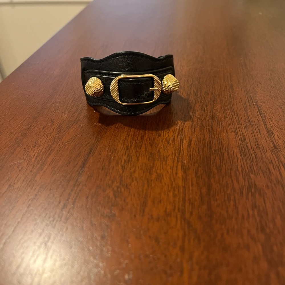 Authentic Balenciaga Black Leather Bracelet with Gold Accents - Picture 2 of 5